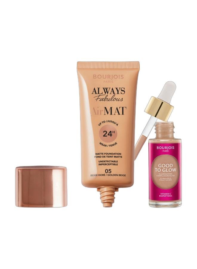 BOURJOIS PARIS Always Fabulous Air Mat Foundation - 005 - Golden Beige, 30ml & Bourjois Good to Glow Illuminating Complexion Booster - 004, 30ml Bundle - Image 1
